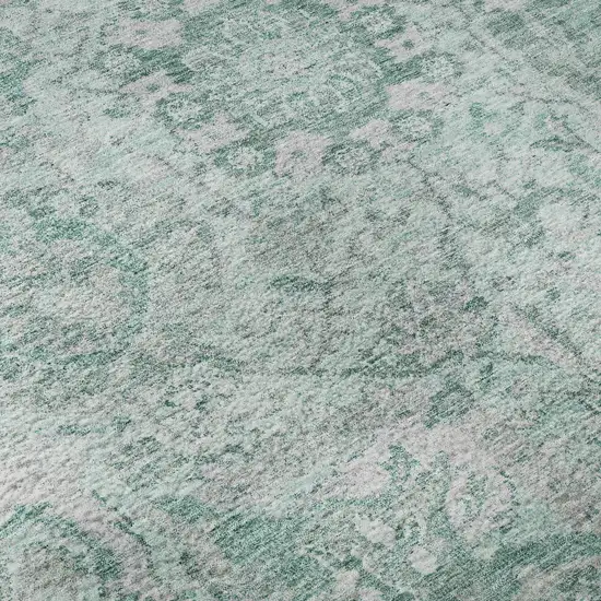 8' Teal Gray And Ivory Damask Washable Round Rug With UV Protection Photo 8