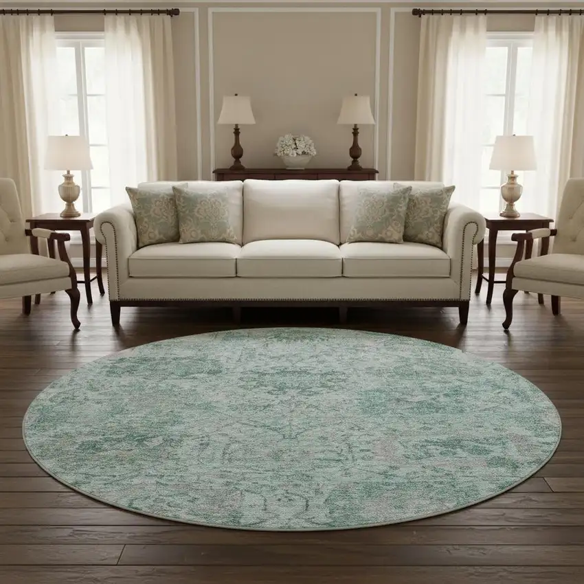 8' Teal Gray And Ivory Damask Washable Round Rug With UV Protection Photo 2