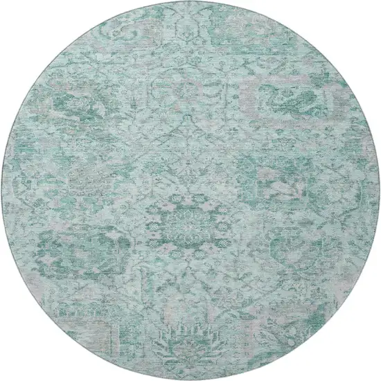 8' Teal Gray And Ivory Damask Washable Round Rug With UV Protection Photo 3