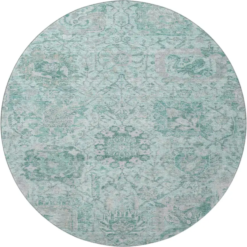 8' Teal Gray And Ivory Damask Washable Round Rug With UV Protection Photo 3