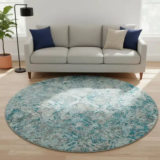 8' Teal Gray And Ivory Diamond Washable Round Rug With UV Protection Photo 2