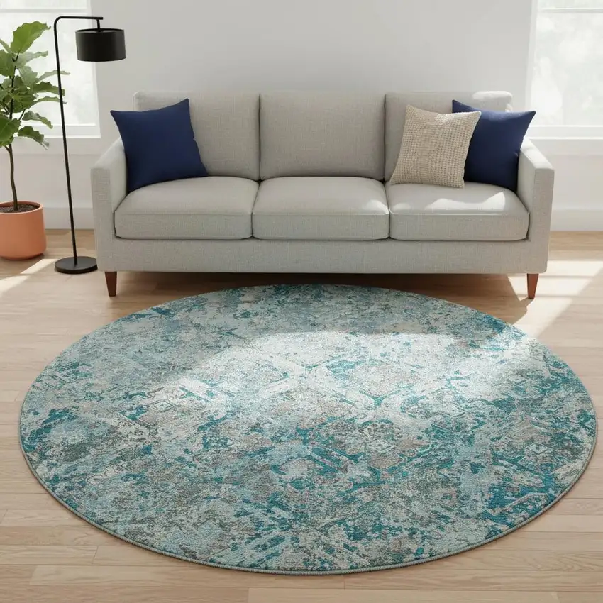 8' Teal Gray And Ivory Diamond Washable Round Rug With UV Protection Photo 2
