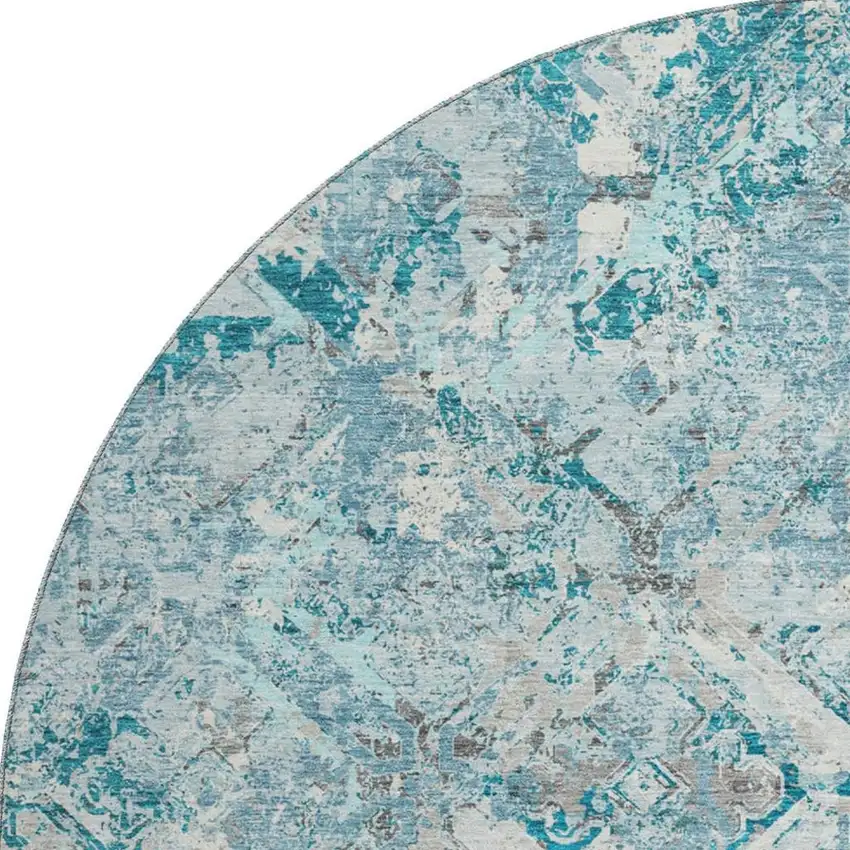 8' Teal Gray And Ivory Diamond Washable Round Rug With UV Protection Photo 4