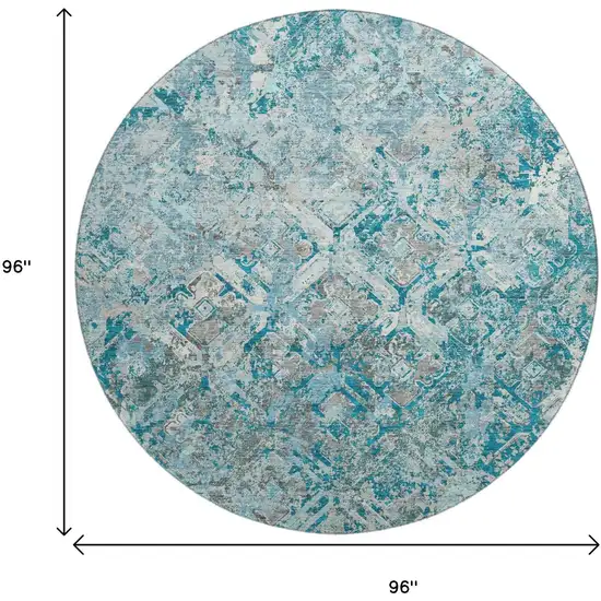 8' Teal Gray And Ivory Diamond Washable Round Rug With UV Protection Photo 3