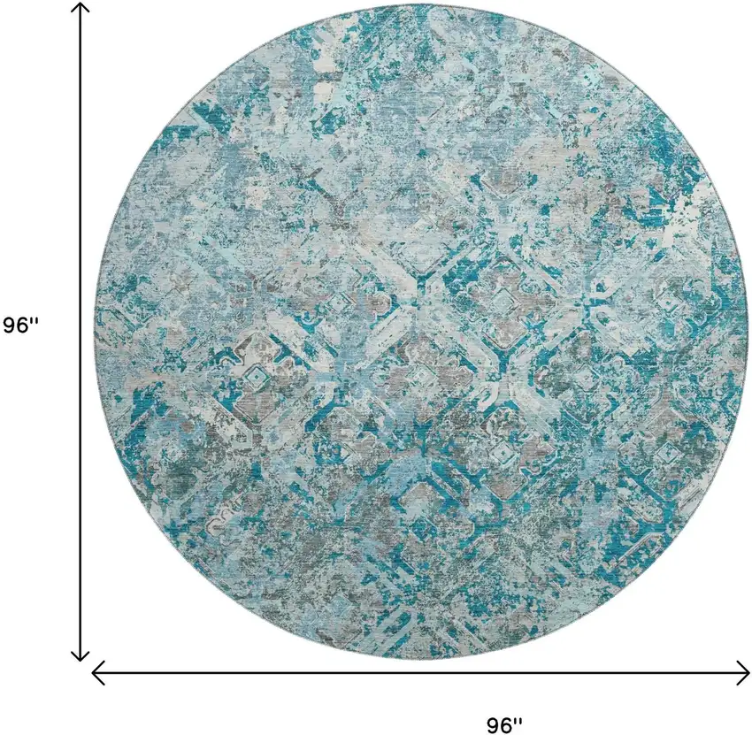 8' Teal Gray And Ivory Diamond Washable Round Rug With UV Protection Photo 3