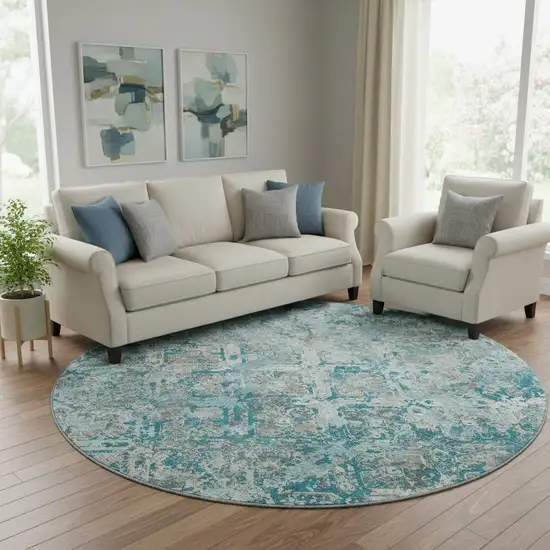 8' Teal Gray And Ivory Diamond Washable Round Rug With UV Protection Photo 1