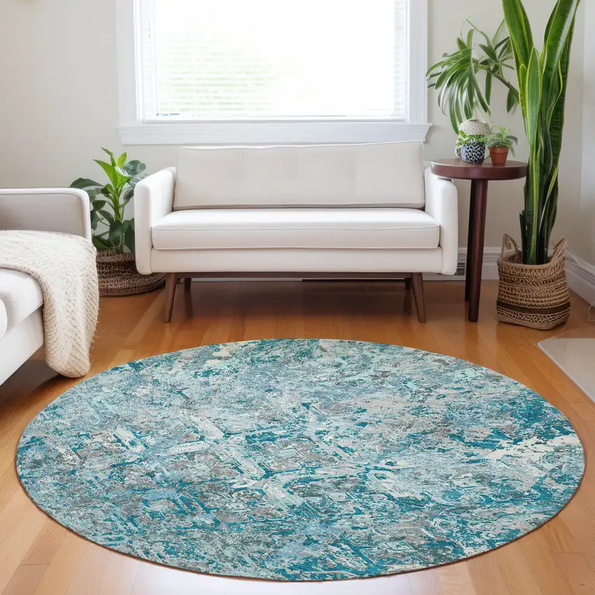8' Teal Gray And Ivory Diamond Washable Round Rug With UV Protection Photo 5