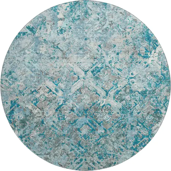 8' Teal Gray And Ivory Diamond Washable Round Rug With UV Protection Photo 1