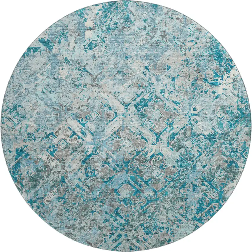 8' Teal Gray And Ivory Diamond Washable Round Rug With UV Protection Photo 1