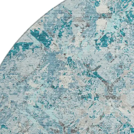 8' Teal Gray And Ivory Diamond Washable Round Rug With UV Protection Photo 3