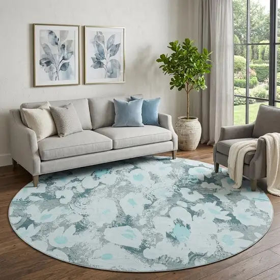 8' Teal Gray And Ivory Floral Washable Round Rug With UV Protection Photo 1