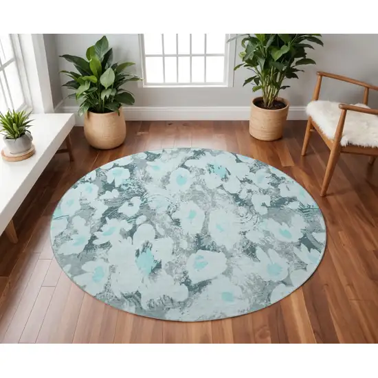 8' Teal Gray And Ivory Floral Washable Round Rug With UV Protection Photo 2