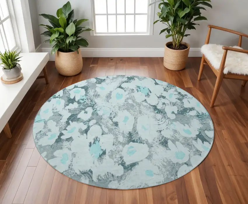 8' Teal Gray And Ivory Floral Washable Round Rug With UV Protection Photo 2