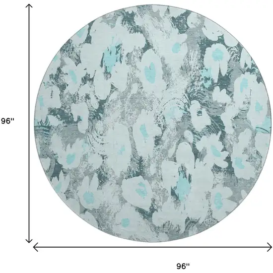 8' Teal Gray And Ivory Floral Washable Round Rug With UV Protection Photo 9