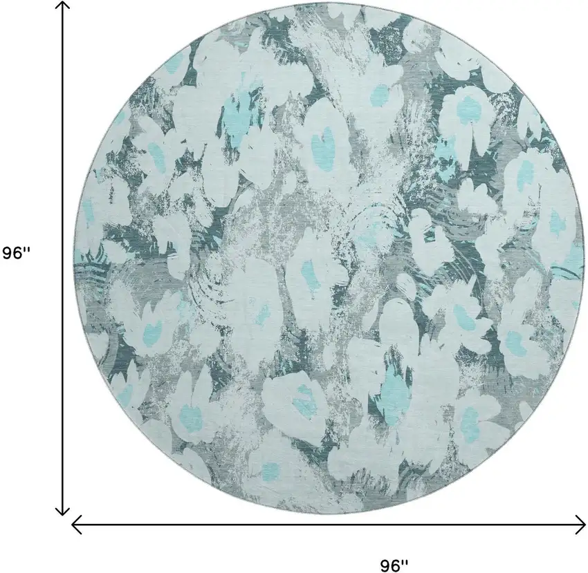 8' Teal Gray And Ivory Floral Washable Round Rug With UV Protection Photo 9