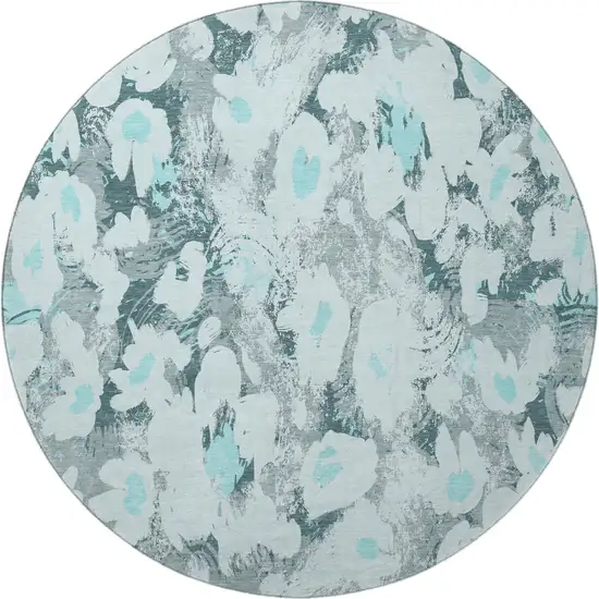 8' Teal Gray And Ivory Floral Washable Round Rug With UV Protection Photo 4