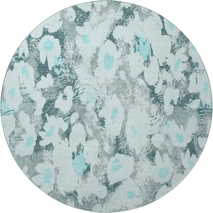 8' Teal Gray And Ivory Floral Washable Round Rug With UV Protection Photo 4