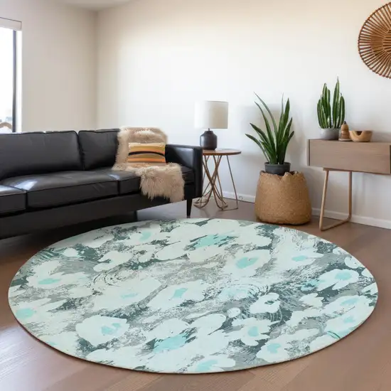8' Teal Gray And Ivory Floral Washable Round Rug With UV Protection Photo 5