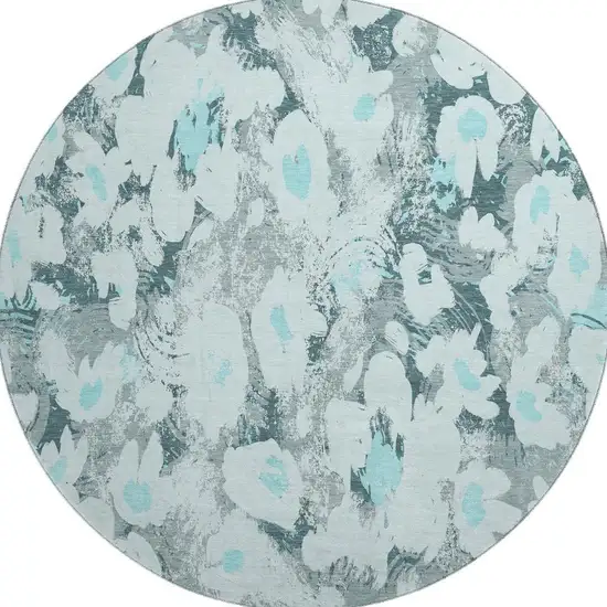 8' Teal Gray And Ivory Floral Washable Round Rug With UV Protection Photo 3