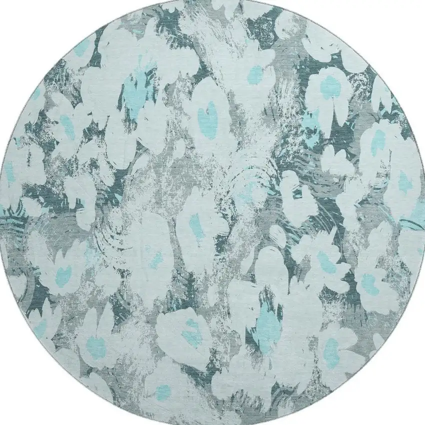8' Teal Gray And Ivory Floral Washable Round Rug With UV Protection Photo 3
