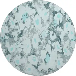 Photo of 8' Teal Gray And Ivory Floral Washable Round Rug With UV Protection