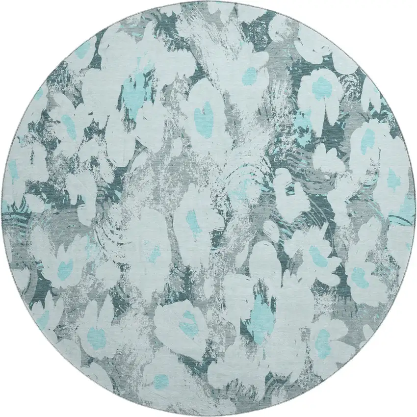 8' Teal Gray And Ivory Floral Washable Round Rug With UV Protection Photo 1