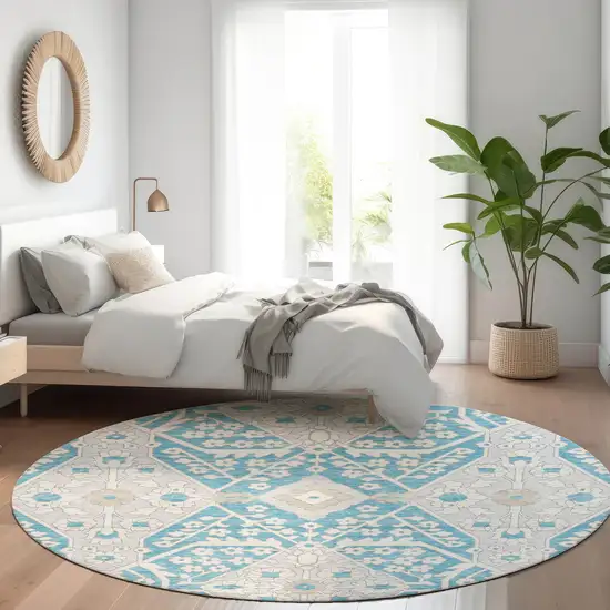 8' Teal Gray And Ivory Floral Washable Round Rug With UV Protection Photo 6