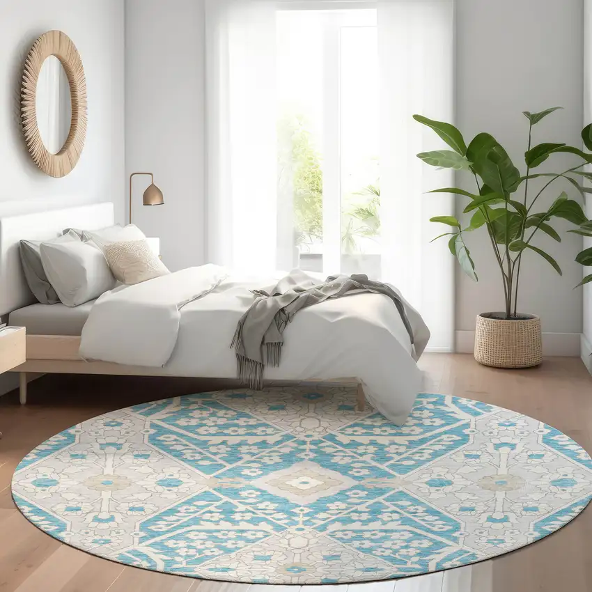 8' Teal Gray And Ivory Floral Washable Round Rug With UV Protection Photo 6