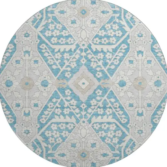 8' Teal Gray And Ivory Floral Washable Round Rug With UV Protection Photo 5