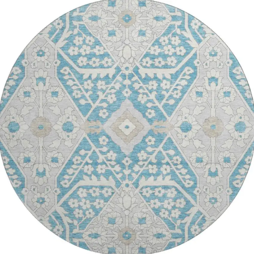 8' Teal Gray And Ivory Floral Washable Round Rug With UV Protection Photo 5