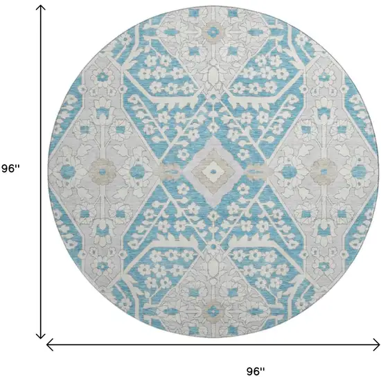 8' Teal Gray And Ivory Floral Washable Round Rug With UV Protection Photo 3