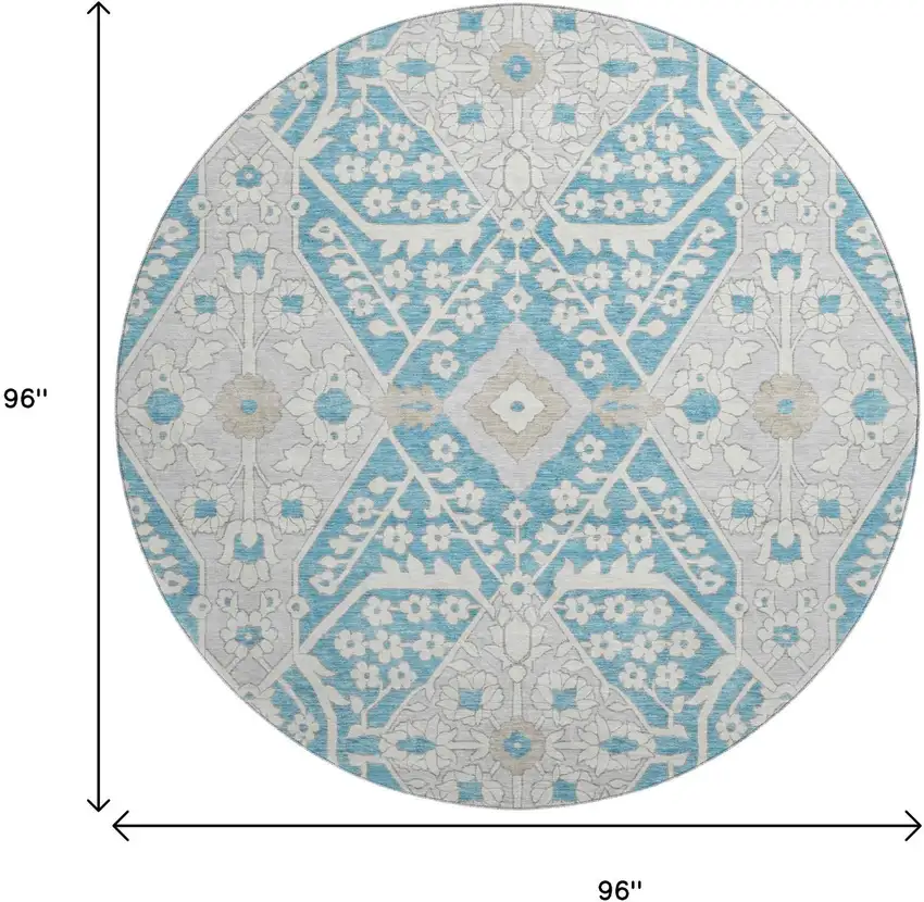 8' Teal Gray And Ivory Floral Washable Round Rug With UV Protection Photo 3