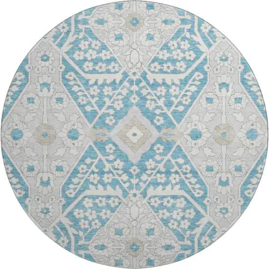 8' Teal Gray And Ivory Floral Washable Round Rug With UV Protection Photo 2