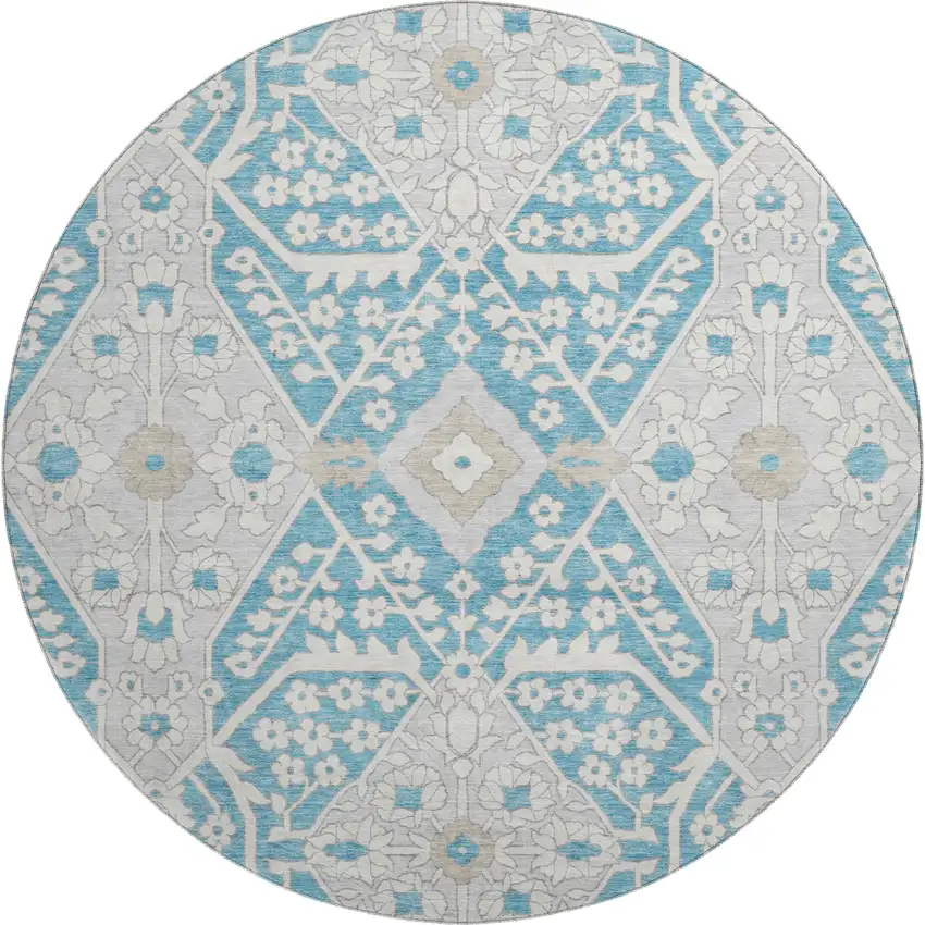 8' Teal Gray And Ivory Floral Washable Round Rug With UV Protection Photo 2