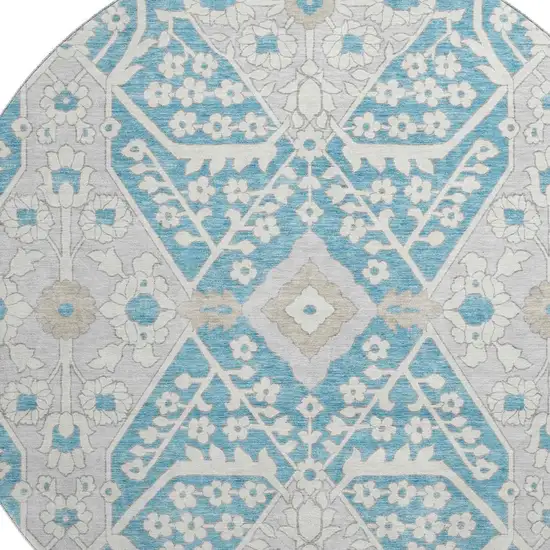 8' Teal Gray And Ivory Floral Washable Round Rug With UV Protection Photo 4