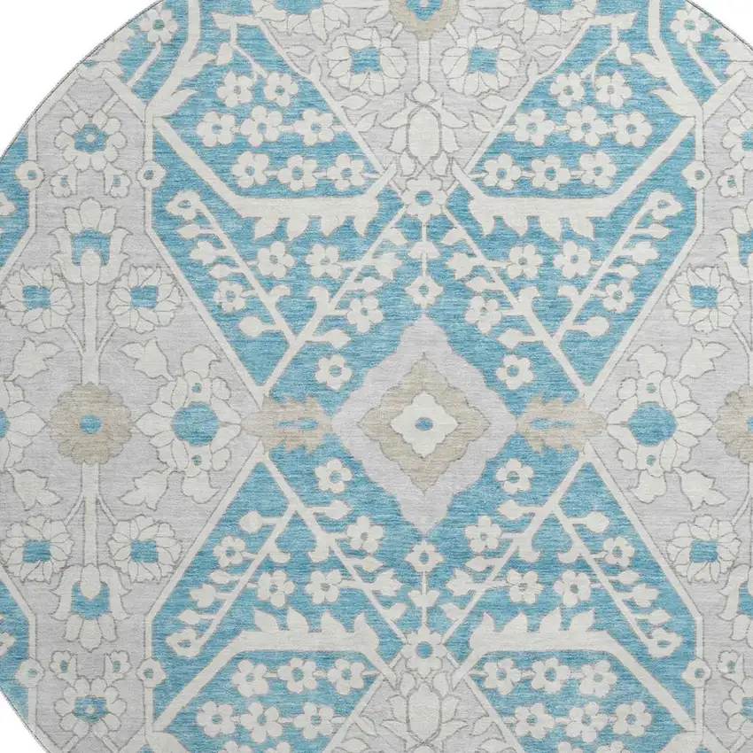 8' Teal Gray And Ivory Floral Washable Round Rug With UV Protection Photo 4