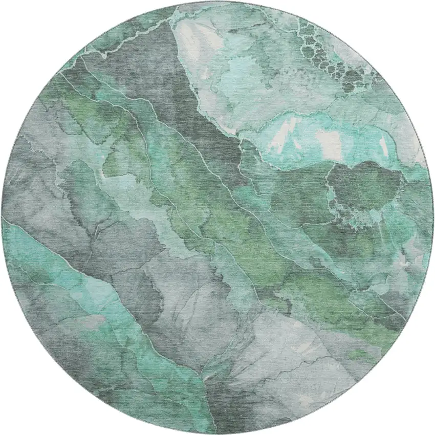 8' Teal Gray And Ivory Floral Washable Round Rug With UV Protection Photo 1