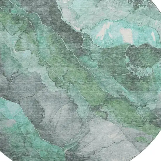 8' Teal Gray And Ivory Floral Washable Round Rug With UV Protection Photo 2