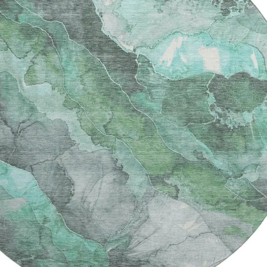 8' Teal Gray And Ivory Floral Washable Round Rug With UV Protection Photo 2