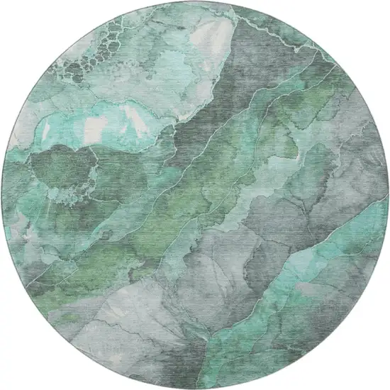 8' Teal Gray And Ivory Floral Washable Round Rug With UV Protection Photo 3