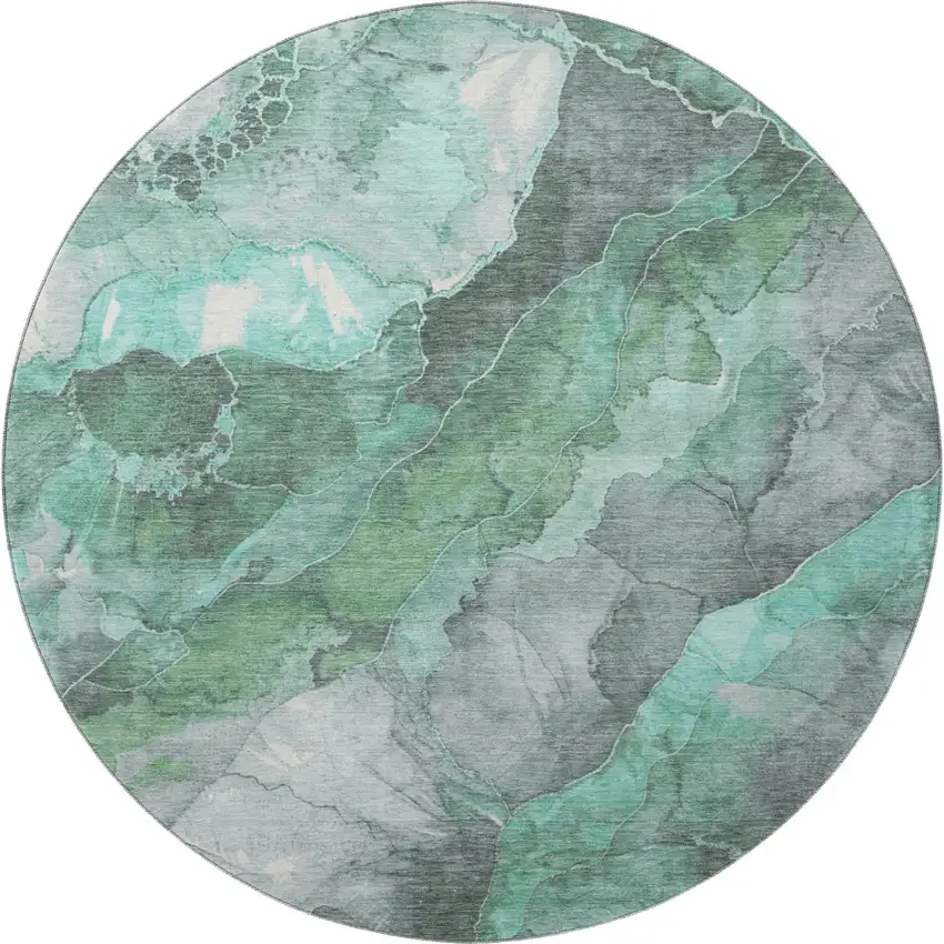 8' Teal Gray And Ivory Floral Washable Round Rug With UV Protection Photo 3