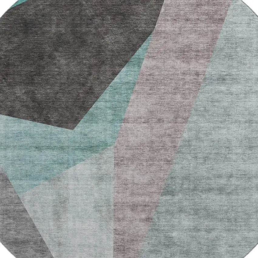 8' Teal Gray And Ivory Geometric Washable Round Rug With UV Protection Photo 4