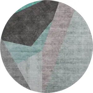 Photo of 8' Teal Gray And Ivory Geometric Washable Round Rug With UV Protection