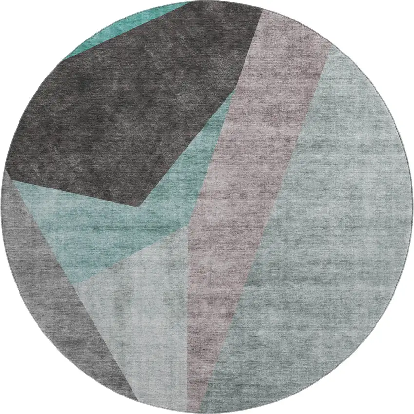 8' Teal Gray And Ivory Geometric Washable Round Rug With UV Protection Photo 1