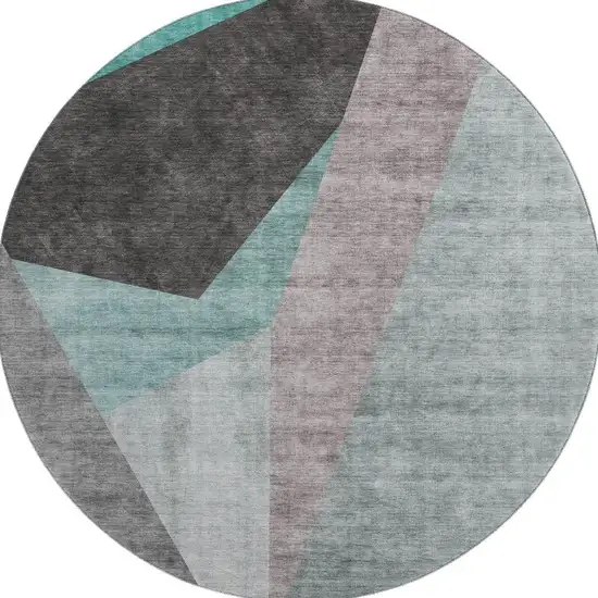 8' Teal Gray And Ivory Geometric Washable Round Rug With UV Protection Photo 3