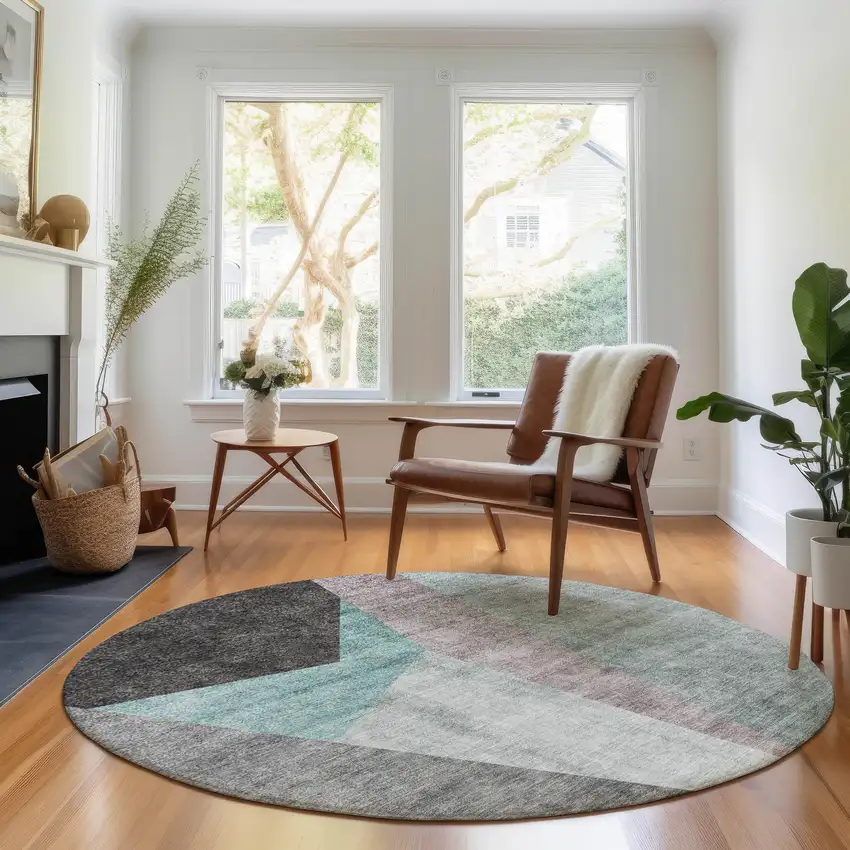 8' Teal Gray And Ivory Geometric Washable Round Rug With UV Protection Photo 5