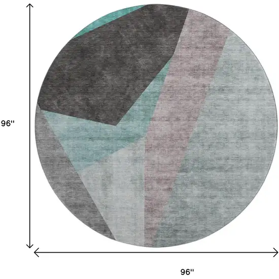 8' Teal Gray And Ivory Geometric Washable Round Rug With UV Protection Photo 6
