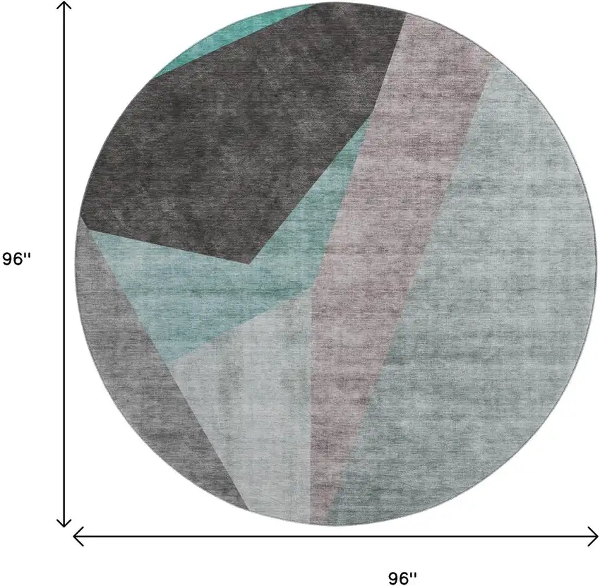 8' Teal Gray And Ivory Geometric Washable Round Rug With UV Protection Photo 6