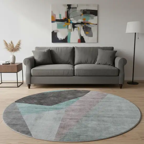 8' Teal Gray And Ivory Geometric Washable Round Rug With UV Protection Photo 2