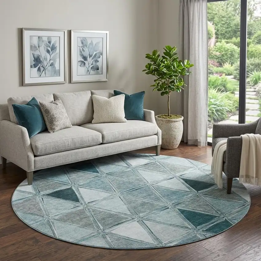 8' Teal Gray And Ivory Geometric Washable Round Rug With UV Protection Photo 1